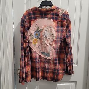 Distressed Flannel Shirt VTG embroideries crewel OOAK needlework XXL Patchwork